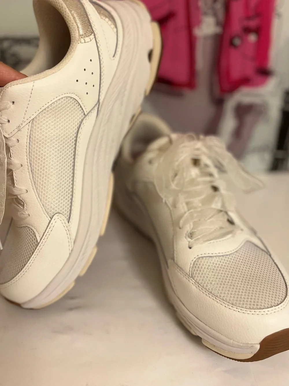 Ryka Women's White Mesh & Leather Sneakers with Champagne Gold Accents - 9.5W